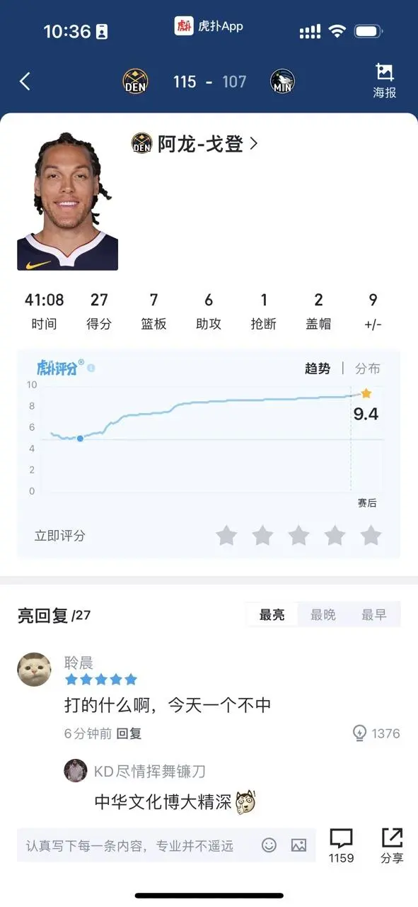 与球对话！戈登穆雷今日评分走势：开场5分后一路上涨至98分